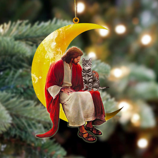 Tabby Cat And Jesus Sitting On The Moon Hanging Ornament Dog Ornament, Car Ornament, Christmas Ornament - Best gifts your whole family