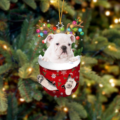 WHITE English Bulldog In Snow Pocket Christmas Ornament Flat Acrylic Dog Ornament - Best gifts your whole family