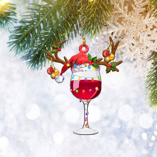 Wine Glass With Santa Hat Reindeer Flat 2D Ornament, Wine Lover Gift Christmas Tree Ornament, Home Decor Xmas - Best gifts your whole family