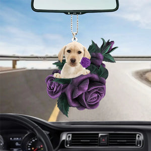 Yellow Labrador In Purple Rose Car Hanging Ornament - Best gifts your whole family