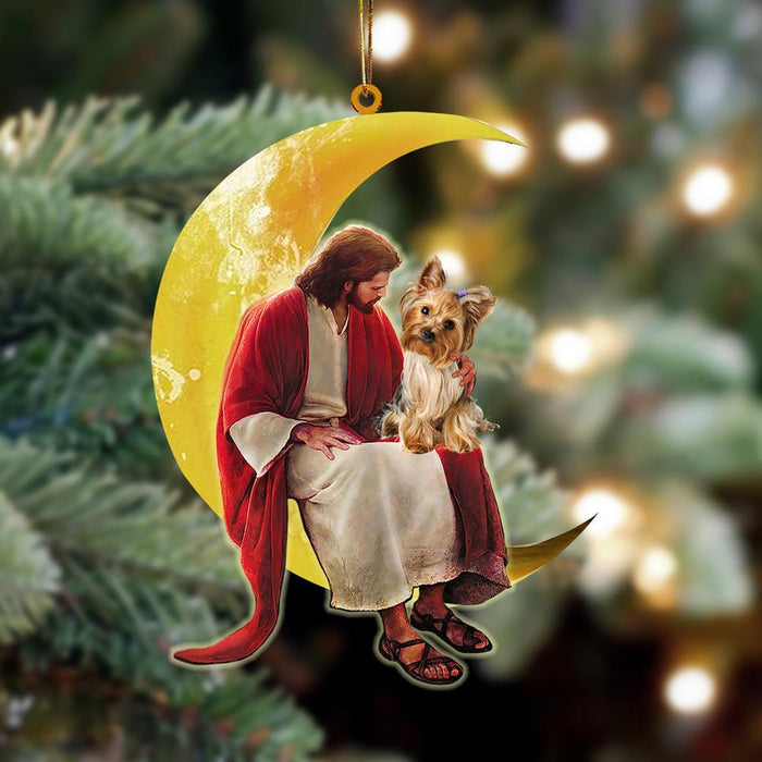 Yorkshire Terrier And Jesus Sitting On The Moon Hanging Ornament Christmas Ornament - Best gifts your whole family